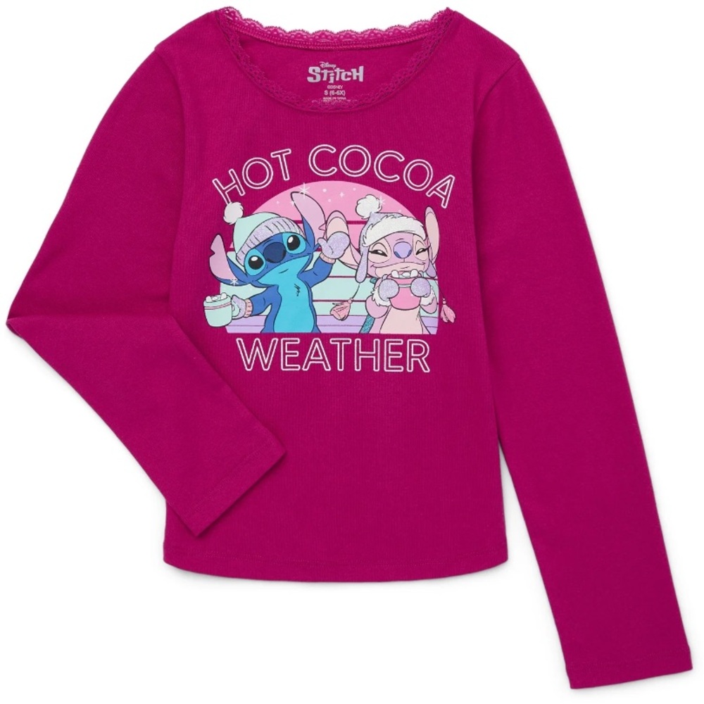 Disney Stitch and Angel Hot Cocoa Weather Long Sleeve Glitter Rib Tee